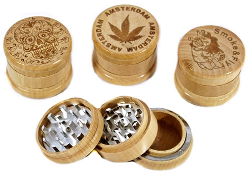 Etched Design 60mm Wood and Metal 3pc Tobacco Grinder 6pk