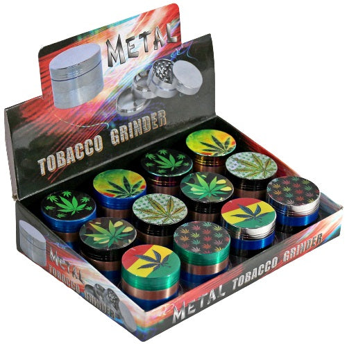 Metal Tobacco 4pc Grinder - Anodized Leaf Design 12pk