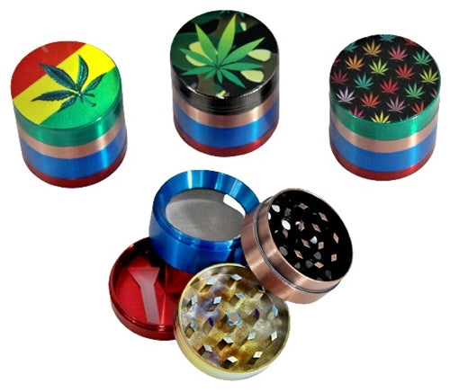 Metal Tobacco 4pc Grinder - Anodized Leaf Design 12pk