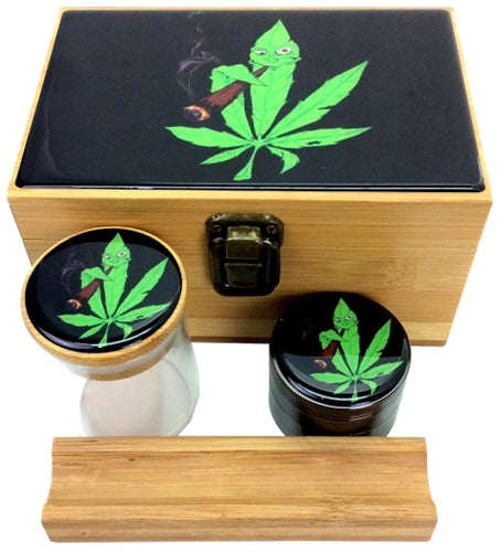 Bamboo Decal Herb Grinder Stash Box Gift Set - Medium