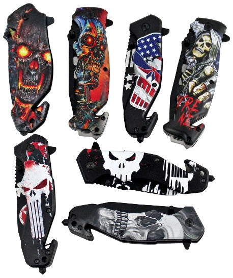 7ct Skull Design Spring Assisted Folding Knife Assortment KC-3