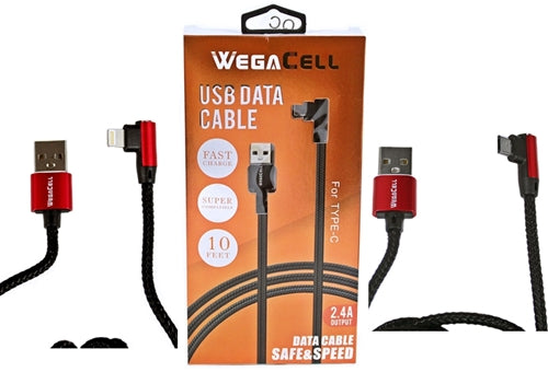 Wegacell USB Data Cable Phone Charger - Iphone - Micro - Type-C - 10FT