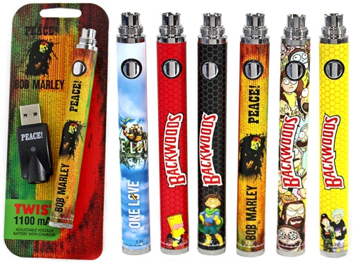 6ct Backwoods Bob Marley Twist 1100mAh Battery with Charger Assortment