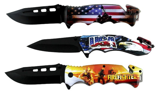 3ct Firefighter USA Design Spring Assisted Folding Knife Assortment KC-6