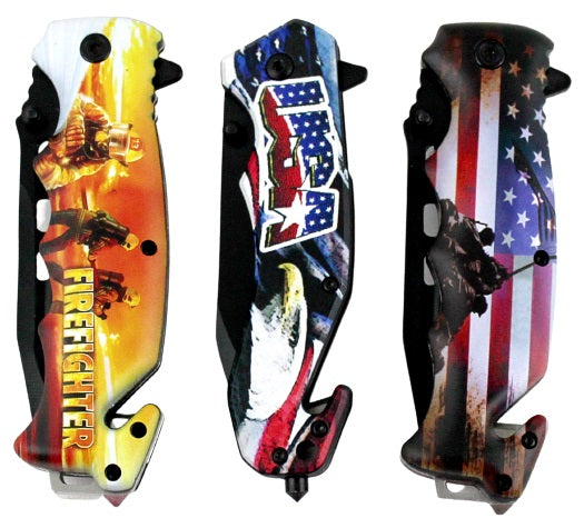 3ct Firefighter USA Design Spring Assisted Folding Knife Assortment KC-6