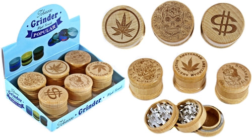 Etched Design 60mm Wood and Metal 3pc Tobacco Grinder 6pk