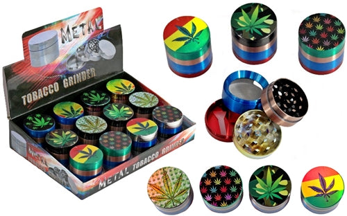 Metal Tobacco 4pc Grinder - Anodized Leaf Design 12pk
