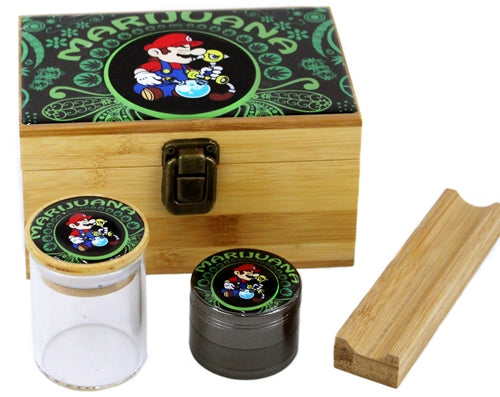 Bamboo Decal Herb Grinder Stash Box Gift Set - Medium