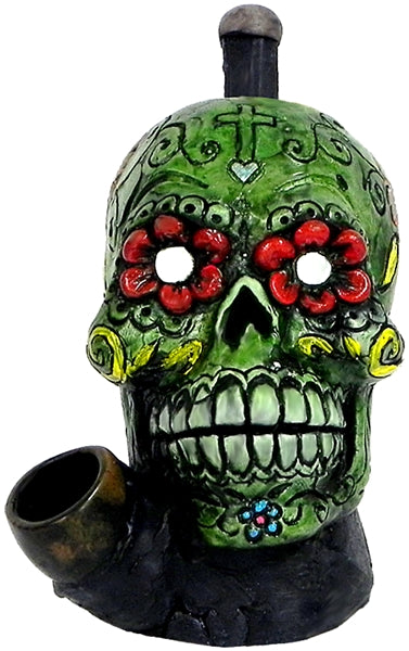 Pichincha Hand Crafted Medium Hand Pipe - Green Sugar Skull