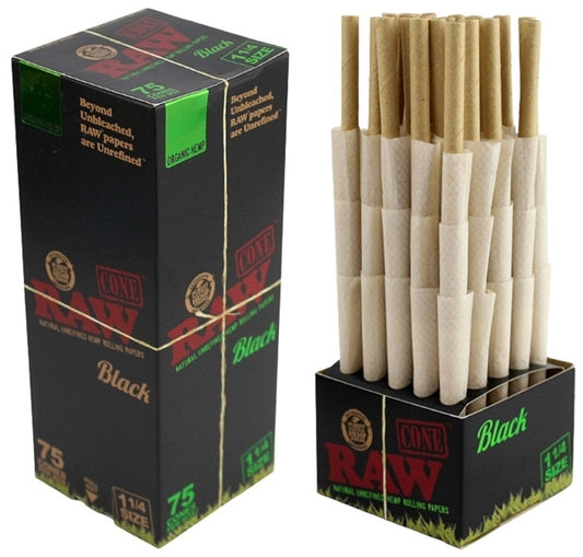 RAW Mini Bulk Prerolled Cones - Black Organic - 1 1-4 75pk