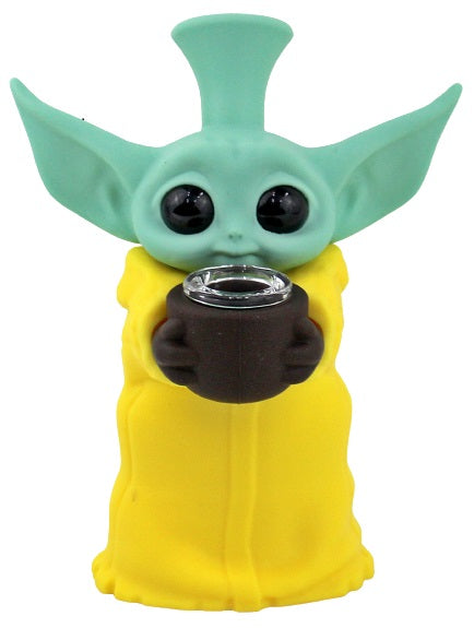 6" Silicone Bubbler Water Pipe - Baby Yoda Grogu Sippin Tea