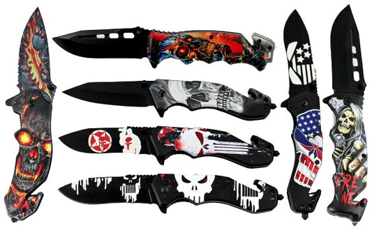 7ct Skull Design Spring Assisted Folding Knife Assortment KC-3