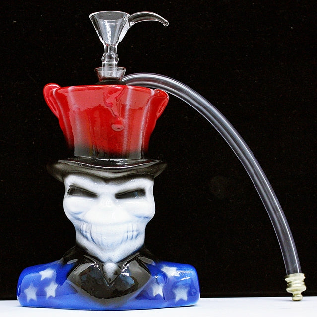 6" Twisted Ceramic 1H Skull Tophat Water Pipe