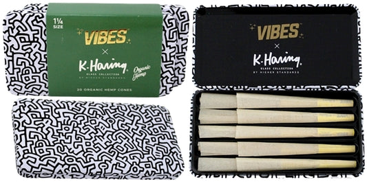 VIBES x K. Haring Pre-Rolled Cones - 1 1-4 - Organic Hemp - 2pk Bundle Collectable Tin