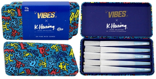 VIBES x K. Haring Pre-Rolled Cones - 1 1-4 - Rice - 2pk Bundle Collectable Tin