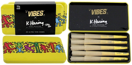 VIBES x K. Haring Pre-Rolled Cones - 1 1-4 - Ultra Thin - 2pk Bundle Collectable Tin