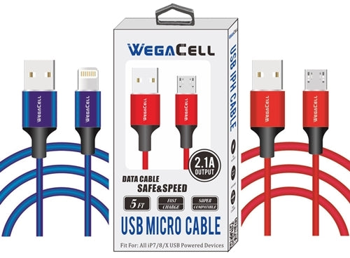 Wegacell USB Data Cable Phone Charger - Iphone - Micro - Type-C - 5FT